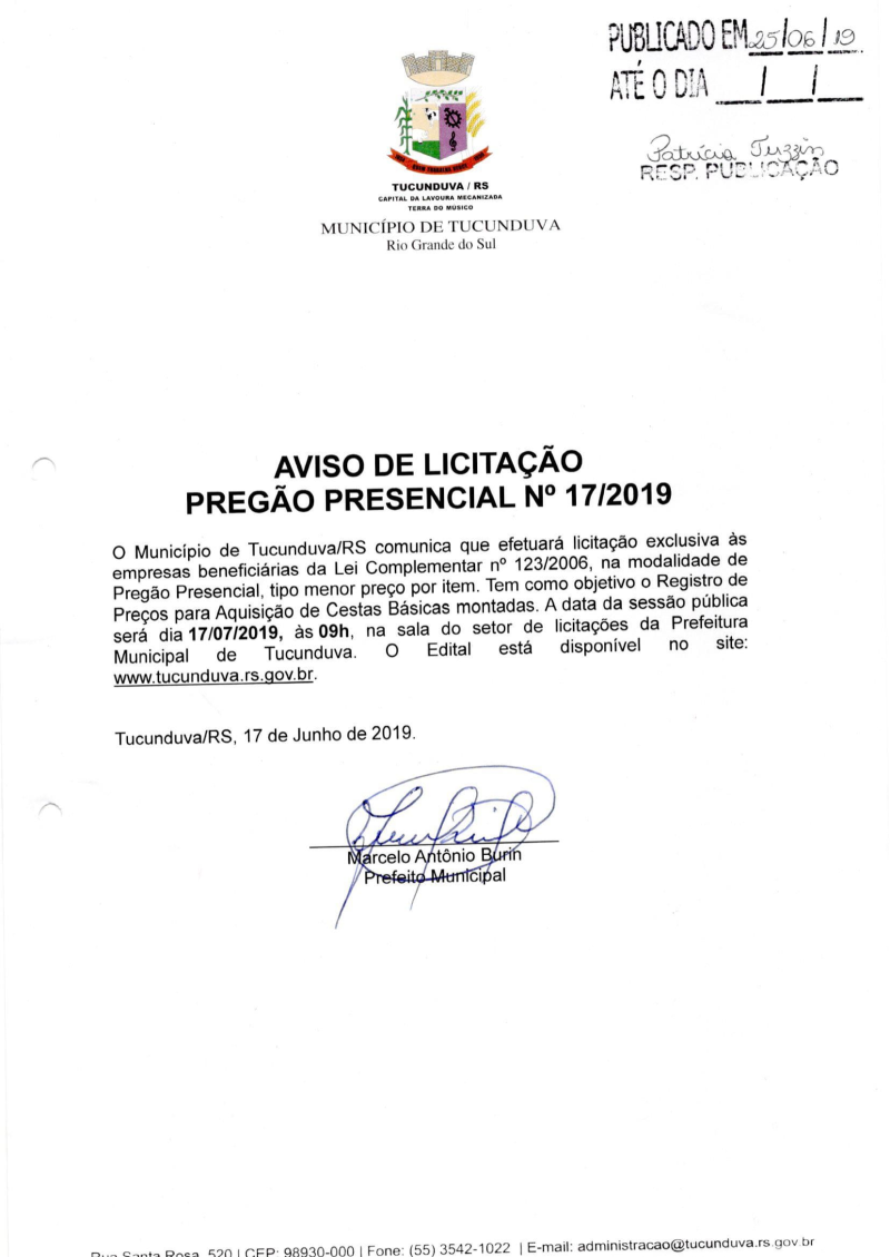 AVISO DE PP Nº 17/2019 - SRP - AQUISIÇÃO DE CESTAS BÁSICAS MONTADAS